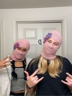 Pink Crochet Balaclava with Blue-Purple Flower Accent